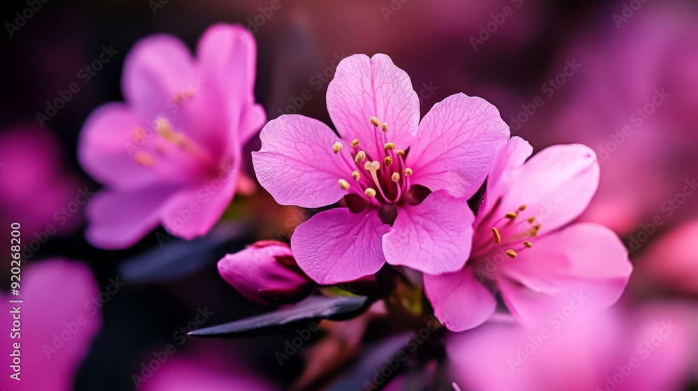 A tree adorned with a multitude of pink blossoms amidst a purple flower field, all sporting yellow stamens A tree adorned with a multitude of pink blossoms amidst a purple flower field, all sporting yellow stamens