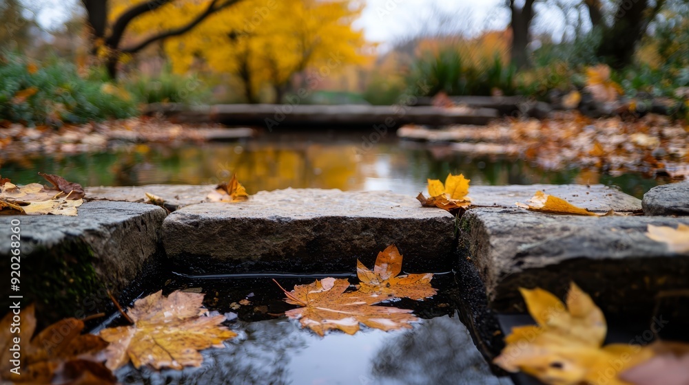 A pond teeming with numerous leaves adjacent to a forest abundant with yellow and orange foliage above A pond teeming with numerous leaves adjacent to a forest abundant with yellow and orange foliage above