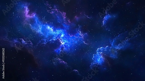 A mesmerizing night sky with a dark blue background, scattered with small white stars and a large cloud of blue and purple gas.