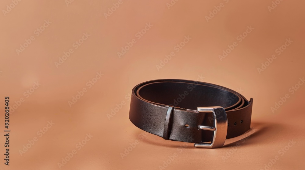 Black Leather Belt with Silver Buckle on a Brown Background Black Leather Belt with Silver Buckle on a Brown Background