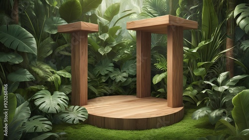 A small wooden podium surrounded by lush green leaves and tropical plants, providing a natural, jungle-inspired setting for displaying products. photo