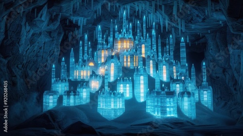 Fantasy city built within a giant crystal cavern, crystal city, underground wonder