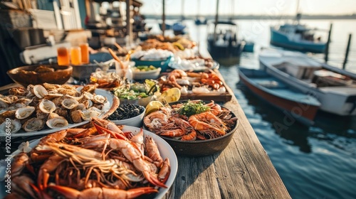 A mouthwatering seafood feast arranged on a rustic dock, with boats sailing peacefully in the distance.