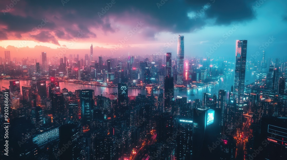 Obraz premium A panoramic view of a futuristic city, where bright lights and innovative architecture define the skyline.