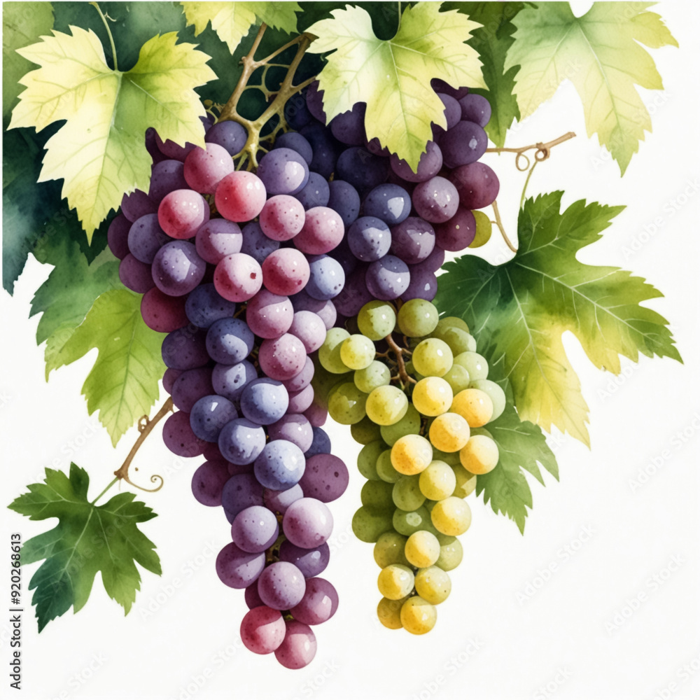 Fototapeta premium illustration of a grapevine from a mid-distance view. Show the vine’s sprawling branches draped with lush green leaves and clusters of ripe, purple or green grapes