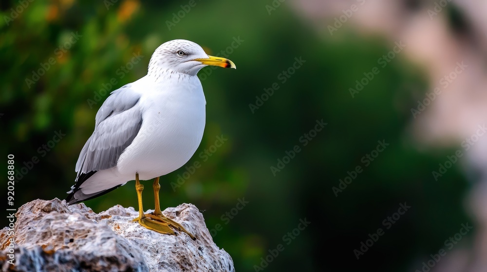 A tight shot of a bird perched on a rock, surrounded by trees in the background A tight shot of a bird perched on a rock, surrounded by trees in the background