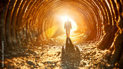 Journey Through Shadows, Man's Silhouette Moving Through the Tunnel of Mystery