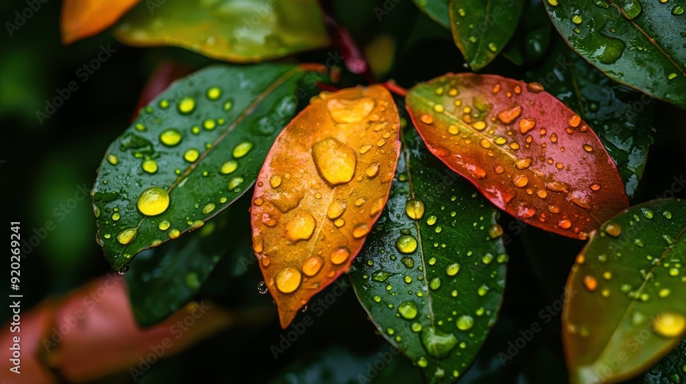 A tight shot of a single leaf dotted with water droplets, surrounded by an expanse of lush green foliage intermixed with scarlet and amber leaves in the A tight shot of a single leaf dotted with water droplets, surrounded by an expanse of lush green foliage intermixed with scarlet and amber leaves in the