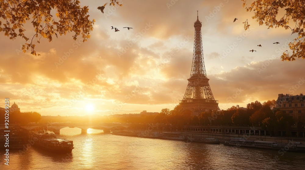 A picturesque sunset in Paris, with the Eiffel Tower bathed in golden light as the day fades into night. A picturesque sunset in Paris, with the Eiffel Tower bathed in golden light as the day fades into night.