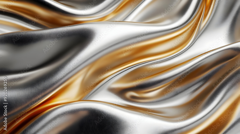 A smooth, flowing fabric with metallic silver and gold hues creating a luxurious appearance. A smooth, flowing fabric with metallic silver and gold hues creating a luxurious appearance.