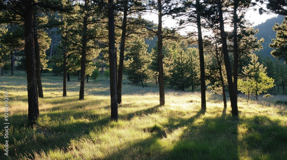 Sunlight Illuminates Tall Trees in a Lush Meadow Sunlight Illuminates Tall Trees in a Lush Meadow