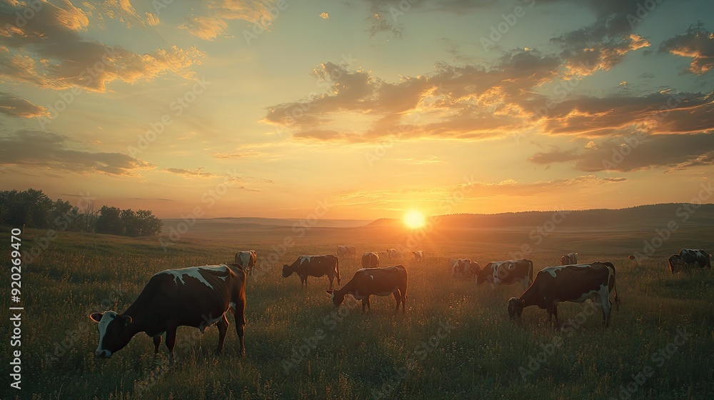 custom made wallpaper toronto digitalA picturesque sunset scene with cows grazing in a field, the sky ablaze with a beautiful gradient of colors.