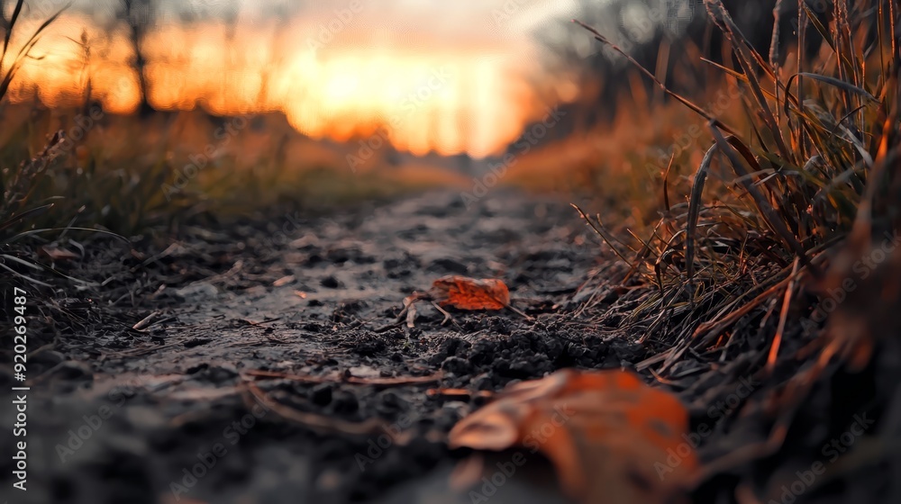 A tight shot of a weathered dirt road, featuring a solitary fallen leaf and vibrant grass edging the pathside A tight shot of a weathered dirt road, featuring a solitary fallen leaf and vibrant grass edging the pathside