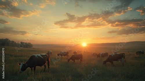 Wallpaper Mural A picturesque sunset scene with cows grazing in a field, the sky ablaze with a beautiful gradient of colors. Torontodigital.ca