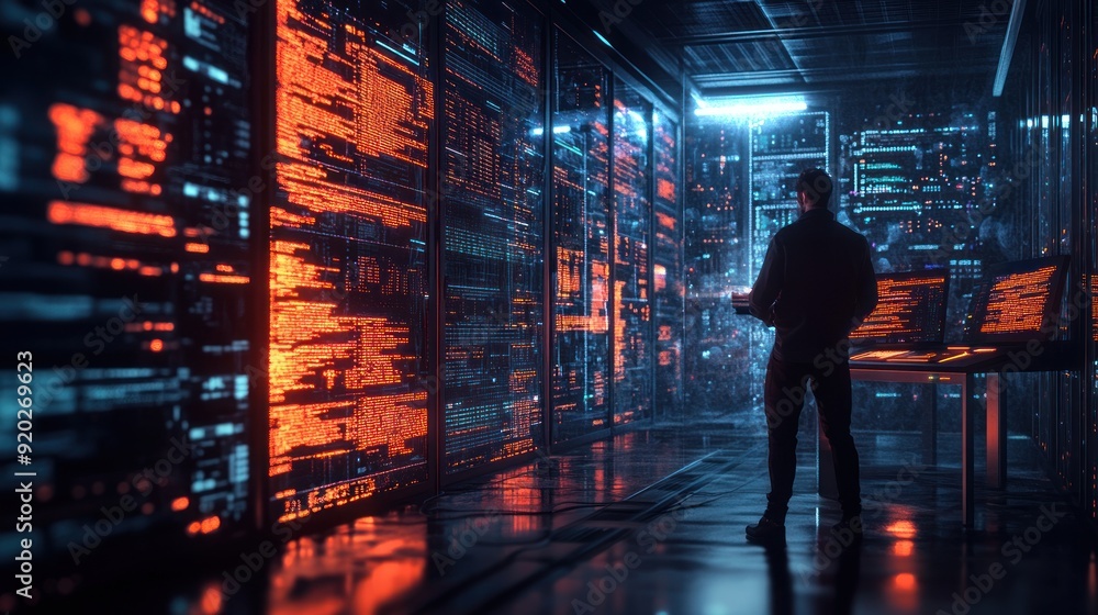 Cybersecurity: A Man Stands in a Server Room Cybersecurity: A Man Stands in a Server Room