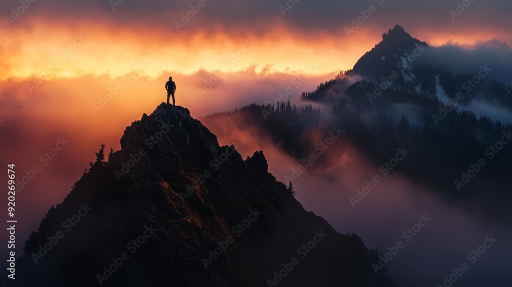 Person atop mountain, sunset backdrop, foreground clouds Person atop mountain, sunset backdrop, foreground clouds
