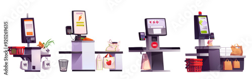 Self-service terminals set for supermarket interior isolated on white background. Vector cartoon illustration of payment kiosk with menu on digital touch screen, shopping bags and baskets, pos machine