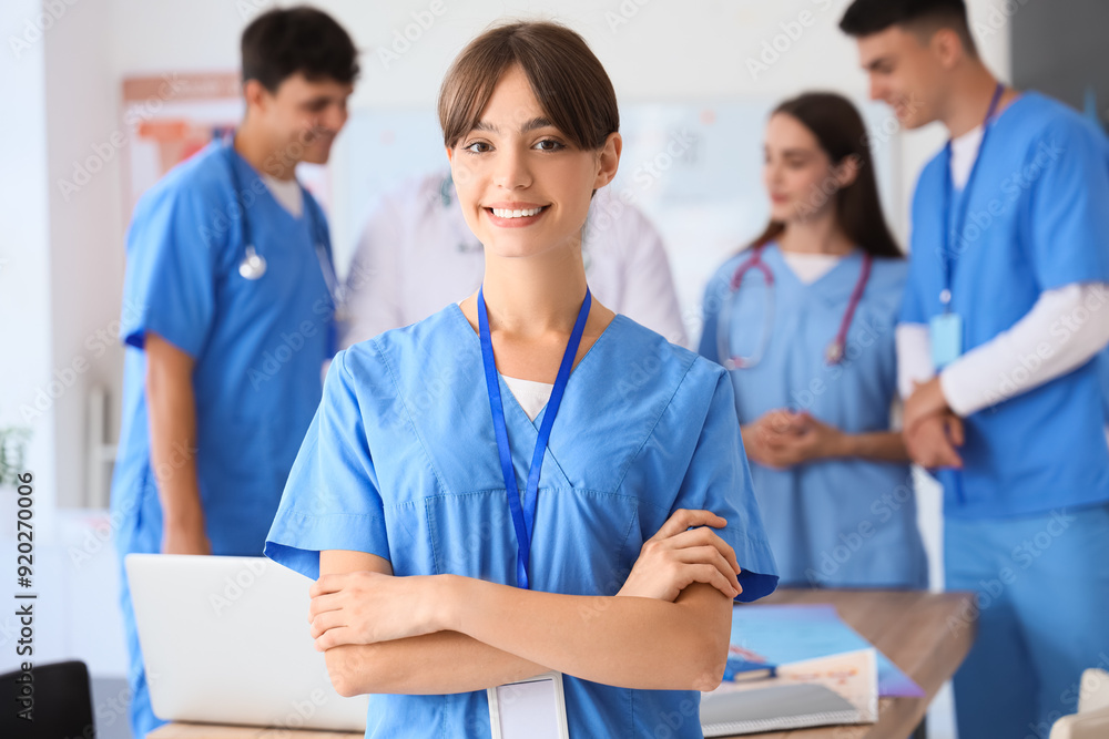 Female medical student at lecture Female medical student at lecture