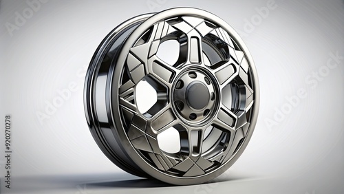 A stylized truck wheel icon, rendered in sleek silver and black, features bold lines and geometric shapes, symbolizing transportation, movement, and industrial strength. photo