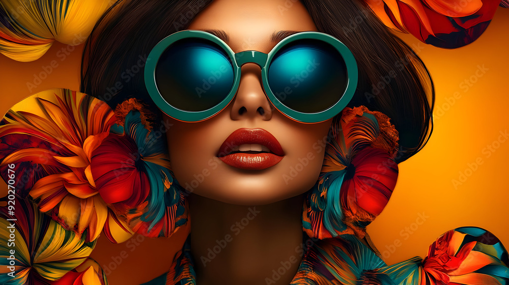 A vibrant portrait of a woman with stylish sunglasses surrounded by colorful flowers. A vibrant portrait of a woman with stylish sunglasses surrounded by colorful flowers.