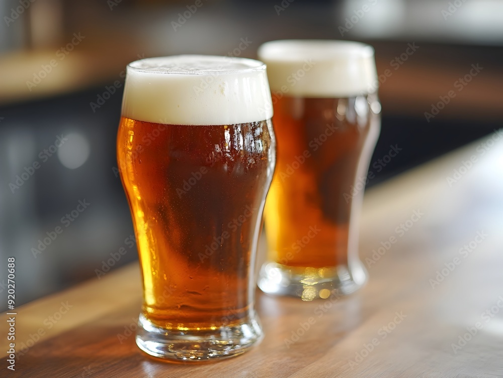 Craft Beer Pours Amber Liquid Refreshment in Glasses on Rustic Wooden Table Craft Beer Pours Amber Liquid Refreshment in Glasses on Rustic Wooden Table
