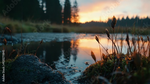  A tranquil scene of a body of water dotted with emergent grasses, framed by a majestic sunset The backdrop features an expansive sky filled with vibrant