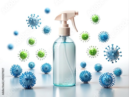 A clear plastic bottle of antibacterial spray sits on a white background, surrounded by scattered germs and viruses, emphasizing its powerful cleaning abilities. photo