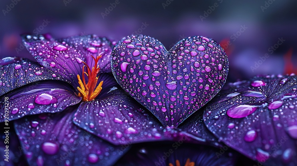 A zoomed-in image of a lilac blossom with moisture droplets falling onto it, featuring a heart-shaped emblem in the center of its petals A zoomed-in image of a lilac blossom with moisture droplets falling onto it, featuring a heart-shaped emblem in the center of its petals