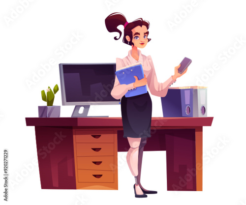 Businesswoman with leg prosthesis isolated on white background. Vector cartoon illustration of young woman with bionic limb wearing business suit, standing near office desk with smartphone in hand
