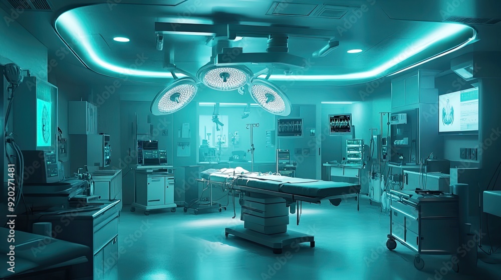 A state-of-the-art operating room filled with advanced medical equipment and devices, ready for surgery. A state-of-the-art operating room filled with advanced medical equipment and devices, ready for surgery.