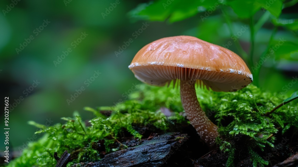 A tight shot of a mushroom on mossy terrain, surrounded by a green plant in the foreground Background subtly blurred A tight shot of a mushroom on mossy terrain, surrounded by a green plant in the foreground Background subtly blurred