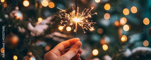 Sparkler in Hand, Christmas Lights Background Photo