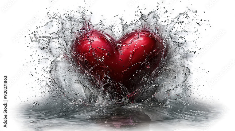A red heart bursting from water onto a white background, with a water splash on top A red heart bursting from water onto a white background, with a water splash on top