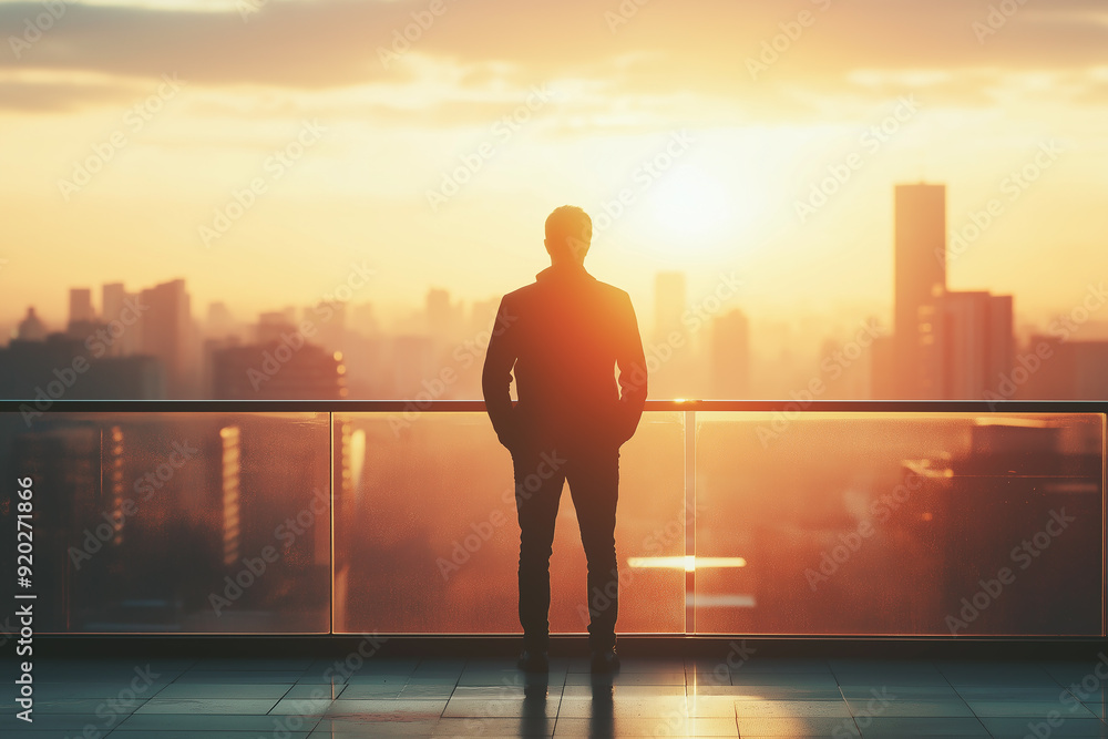 Silhouette of a man standing on a balcony, overlooking a cityscape at sunset, symbolizing contemplation and ambition. Silhouette of a man standing on a balcony, overlooking a cityscape at sunset, symbolizing contemplation and ambition.