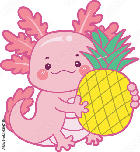 Illustration of cute axolotl activities icon.
Funny pink axolotl in daily routine stickers.
