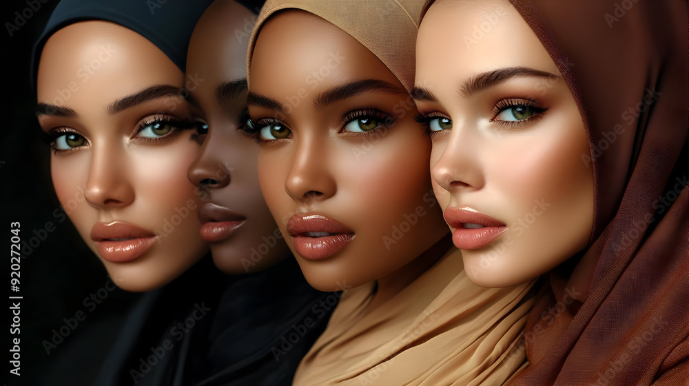 A striking representation of diverse beauty with women in hijabs showcasing different skin tones. A striking representation of diverse beauty with women in hijabs showcasing different skin tones.