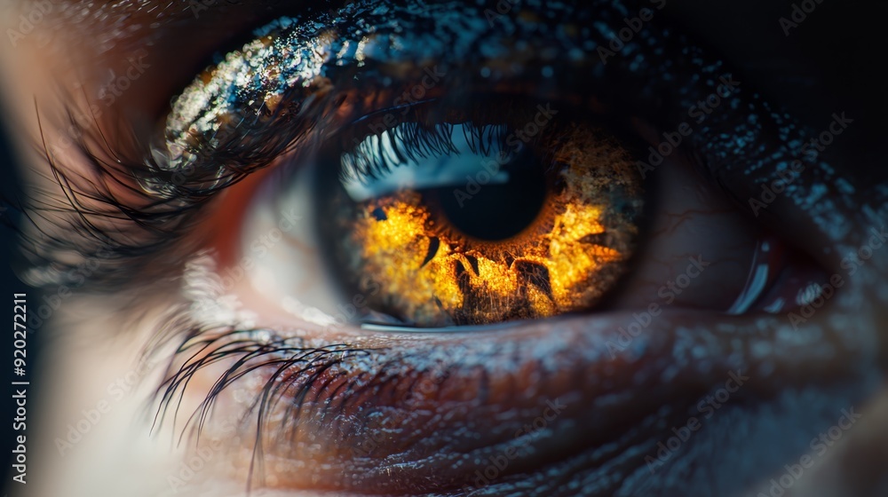 A tight shot of an eyeball with a fiery ball's reflection inside the iris A tight shot of an eyeball with a fiery ball's reflection inside the iris
