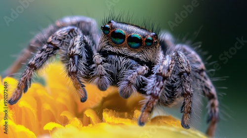  A close-up of a jumping spider on a flower with a blurred background