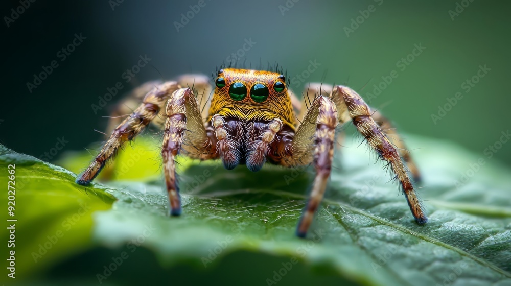 A tight shot of a jumping spider on a verdant leaf, background softly blurred A tight shot of a jumping spider on a verdant leaf, background softly blurred