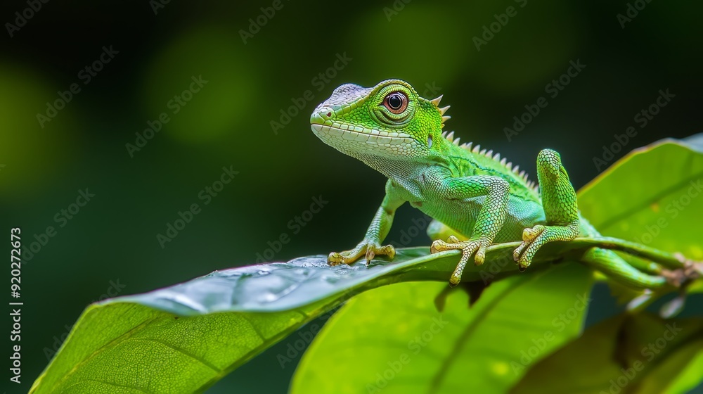 A chameleon, green and camouflaged, perches atop a lush, green plant Droplets of water adorn its leafy canopy A chameleon, green and camouflaged, perches atop a lush, green plant Droplets of water adorn its leafy canopy