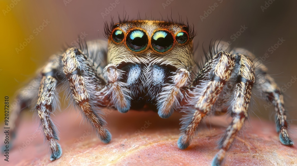 A tight shot of a jumping spider on an extended arm, backdrop subtly blurred A tight shot of a jumping spider on an extended arm, backdrop subtly blurred
