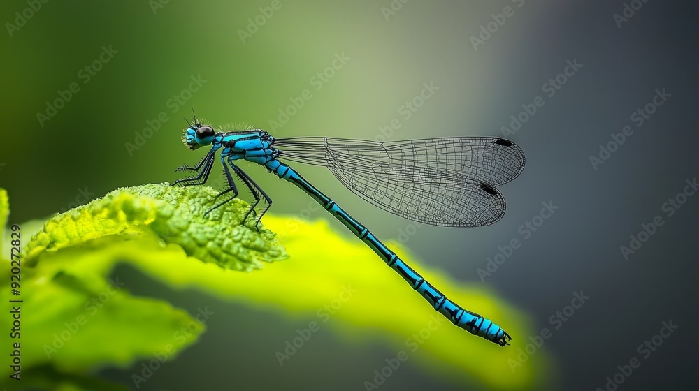 A tight shot of a blue dragonfly perched on a leaf against a softly blurred background A tight shot of a blue dragonfly perched on a leaf against a softly blurred background