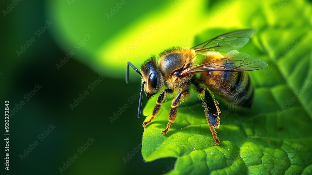A bee atop a verdant leaf, sunny backdrop softly blurred A bee atop a verdant leaf, sunny backdrop softly blurred