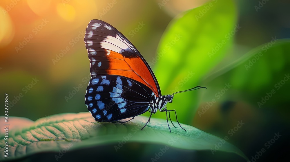 A tight shot of a butterfly perched on a leaf against a softly blurred background A tight shot of a butterfly perched on a leaf against a softly blurred background