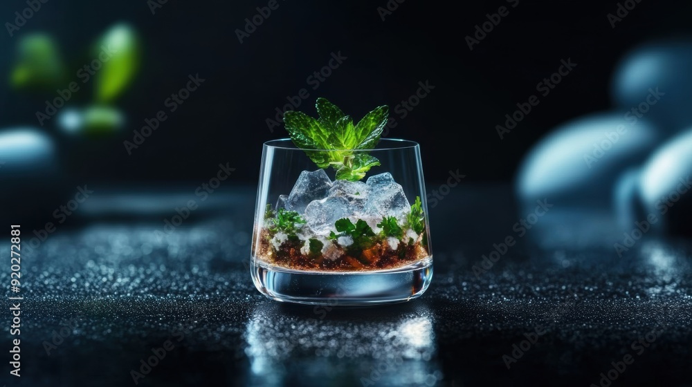 A fusion cocktail featuring liqueur and herbal elements is presented in a zen-inspired minimalist setting. A fusion cocktail featuring liqueur and herbal elements is presented in a zen-inspired minimalist setting.