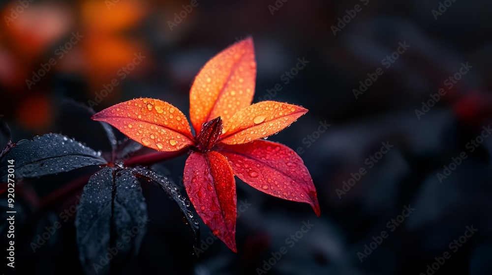 A tight shot of a red flower, dewdrops glistening on its petals, and a green leaf prominently placed in the foreground A tight shot of a red flower, dewdrops glistening on its petals, and a green leaf prominently placed in the foreground