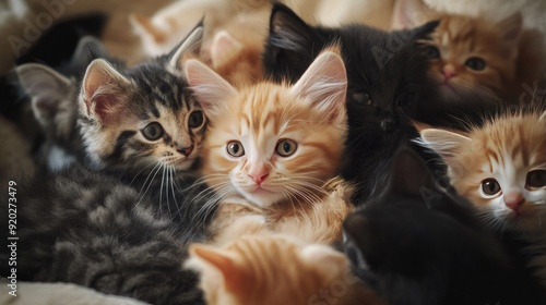 A variety of young kittens with different coats and personalities, all cuddled together in a warm, inviting space.