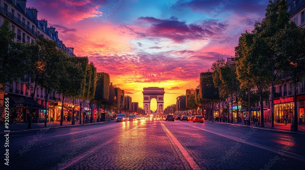 A vibrant sunset over the Champs-Elysees, with the avenue leading towards the Arc de Triomphe in the distance. A vibrant sunset over the Champs-Elysees, with the avenue leading towards the Arc de Triomphe in the distance.