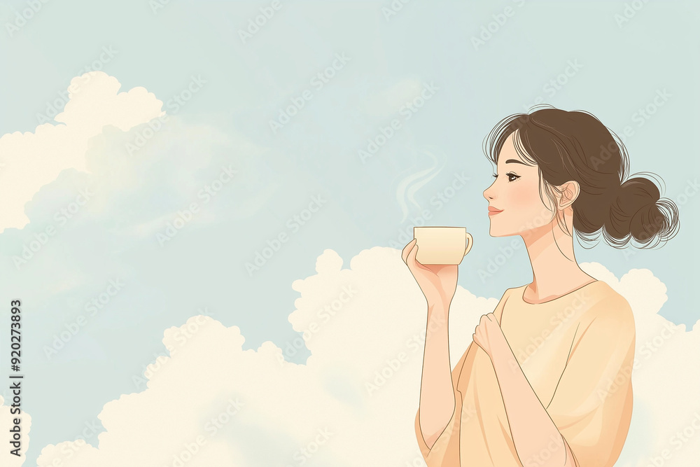Illustration of a young woman enjoying a warm drink, gazing at the clouds, depicting a moment of peace and relaxation. Illustration of a young woman enjoying a warm drink, gazing at the clouds, depicting a moment of peace and relaxation.