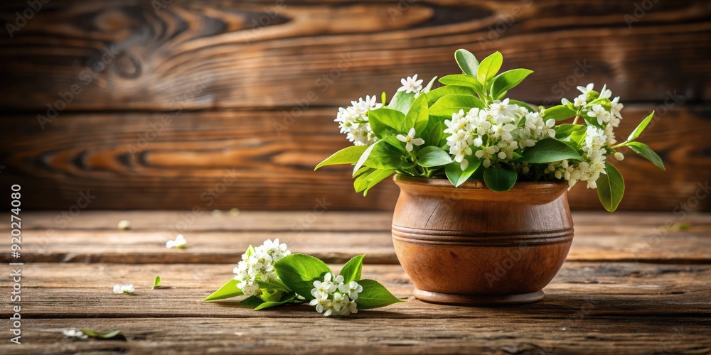 Vibrant green leaves and delicate white flowers bloom from a small ceramic pot, placed atop a rustic wooden table, surrounded by natural textures. Vibrant green leaves and delicate white flowers bloom from a small ceramic pot, placed atop a rustic wooden table, surrounded by natural textures.